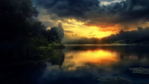 Golden sunset over a quiet forest lake of gentle reflections.