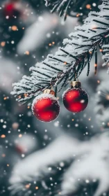 Red baubles on snow laden fir branch in soft bokeh snowfall.