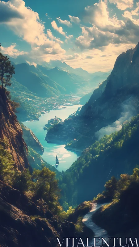 Mountain valley river with distant town and central spire