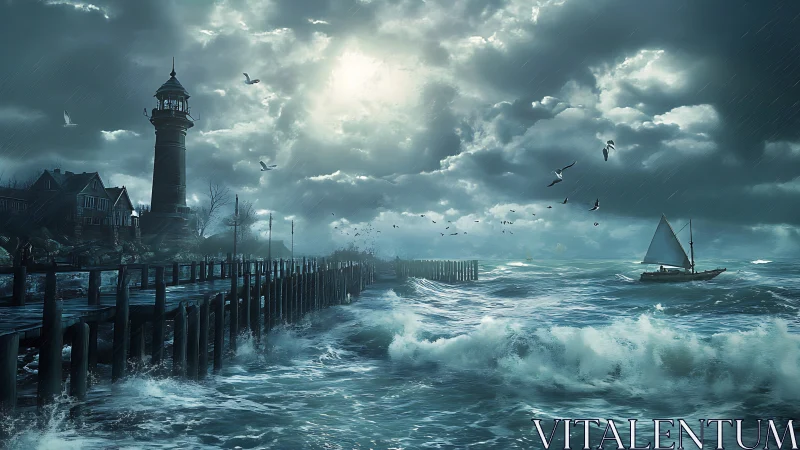 Storm-lashed lighthouse pier with turbulent ocean dynamics.