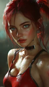 Cyberpunk redhead fighter under rain with glowing collar.
