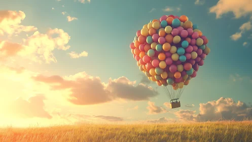 Multicolored balloon cluster lifting a basket over sunlit field.