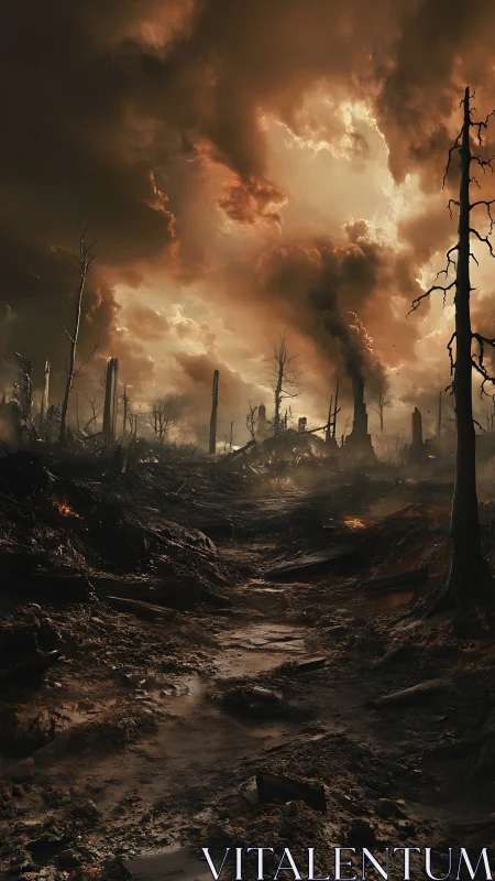 Burned forest landscape shows muddy ground and heavy smoke