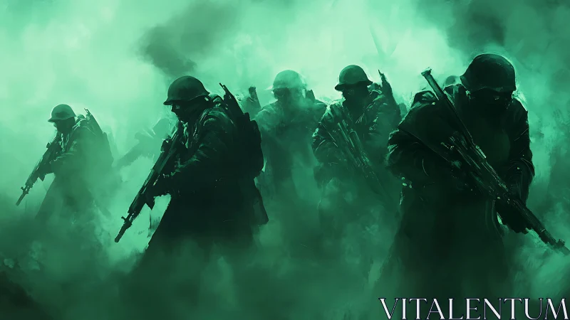 Ghost soldiers advancing through toxic emerald fog.