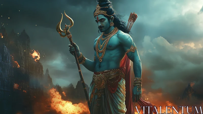 Majestic blue warrior god walking through glowing fire.