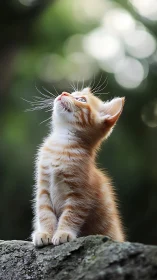 Ginger Tabby Kitten in Upward Gaze with Detailed Whisker Definition