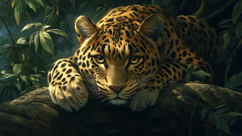 Jaguar Portrait Rendered with Dramatic Chiaroscuro and Foliage Staging