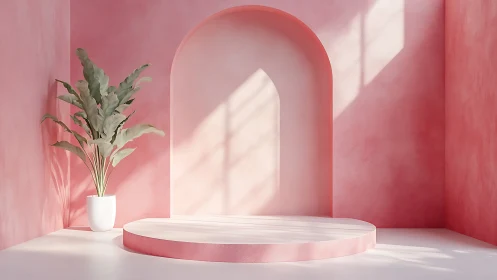Minimalist pink podium with arched niche and potted foliage