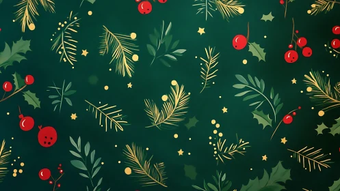 Green background with stylized festive foliage and berries pattern.