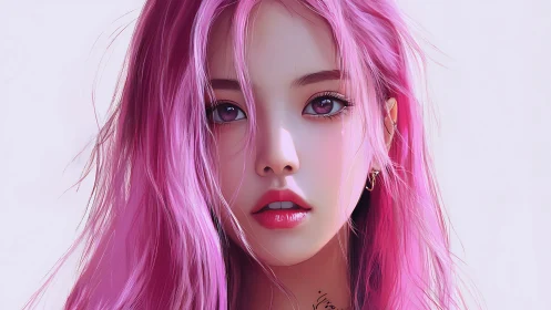 Vivid magenta-haired portrait in luminous close-up focus.