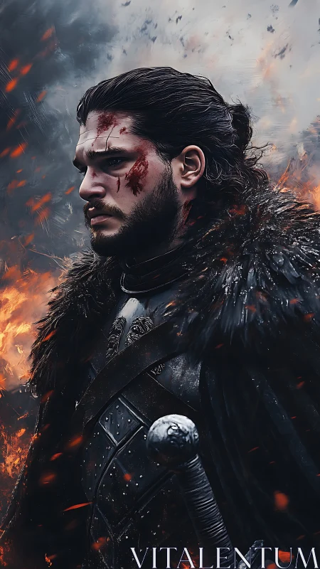 Scarred winter warrior walking through falling embers.