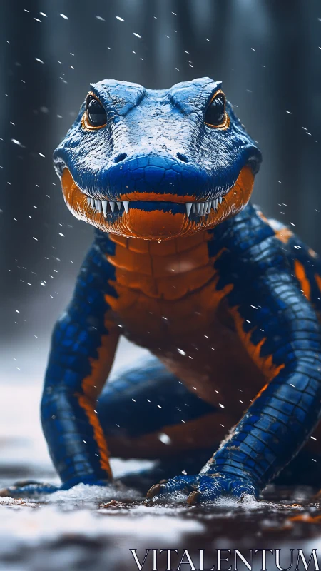 Blue and orange reptilian creature in snowy outdoor setting.