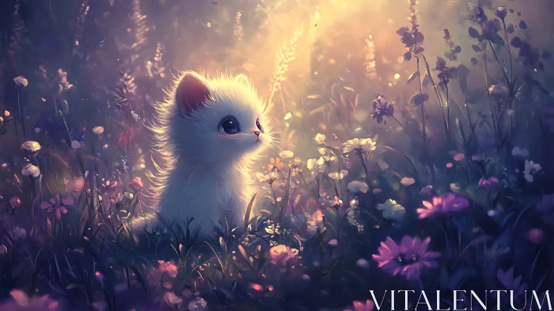White Kitten Glowing in Ethereal Flower Garden.