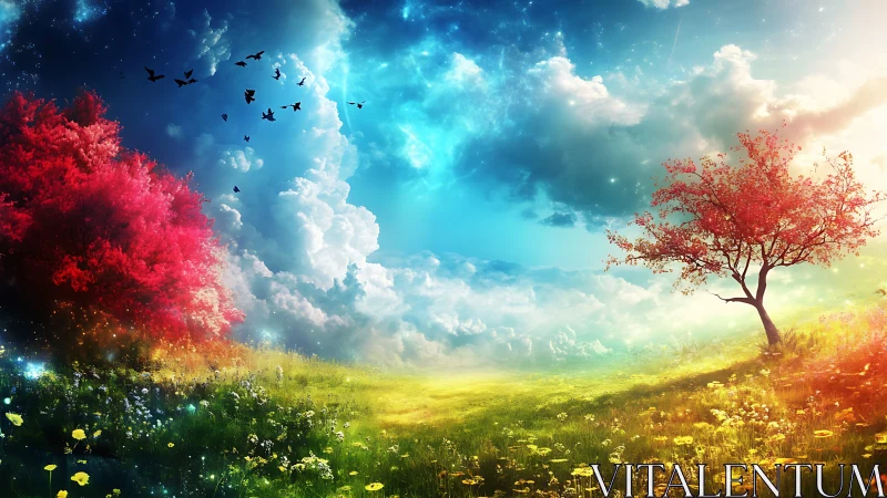 Bilateral fantasy meadow shows chromatic trees under turbulent sky