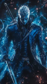 Swordborn frost wraith strides through crackling blue fire.