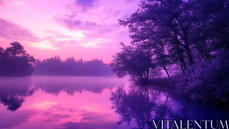 Dreamy purple lakeside sunrise wrapped in gentle mist.