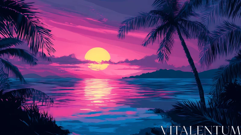 Tropical palm coastline under vivid neon sunset sky.