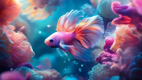 Betta fish amid stylized coral forms in blue water.