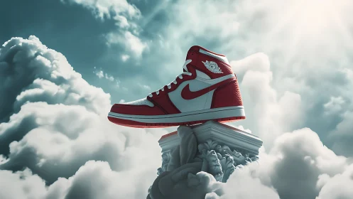 Skyborne red sneakers crowned on sculpted cloud pedestal.