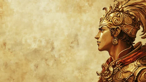 Regal warrior profile rendered in ornate golden digital painting