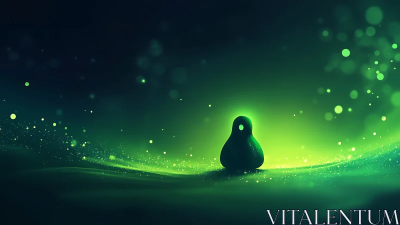 Glowing green abstract figure in luminous digital field.