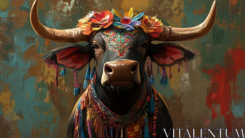 Floral crowned festival bull quietly rules a painted world