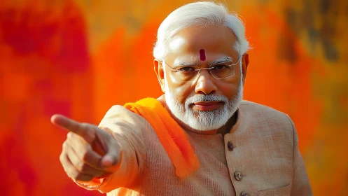 Commanding elder points forward in blazing orange glow.