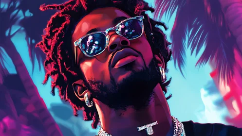 Neon-lit urban portrait radiates cool confidence at sunset