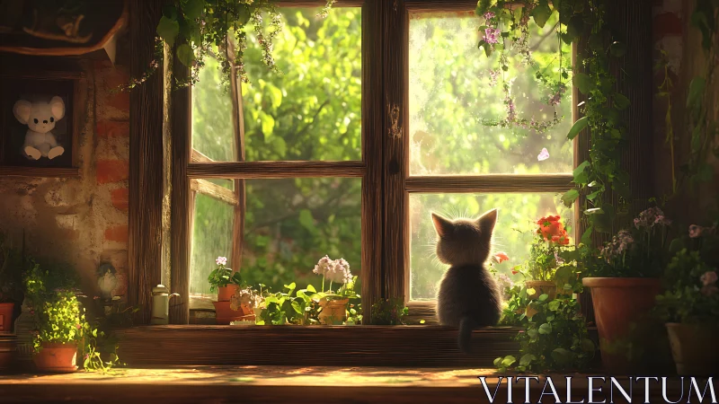 Cozy Cat's Garden View from a Sunlit Window.