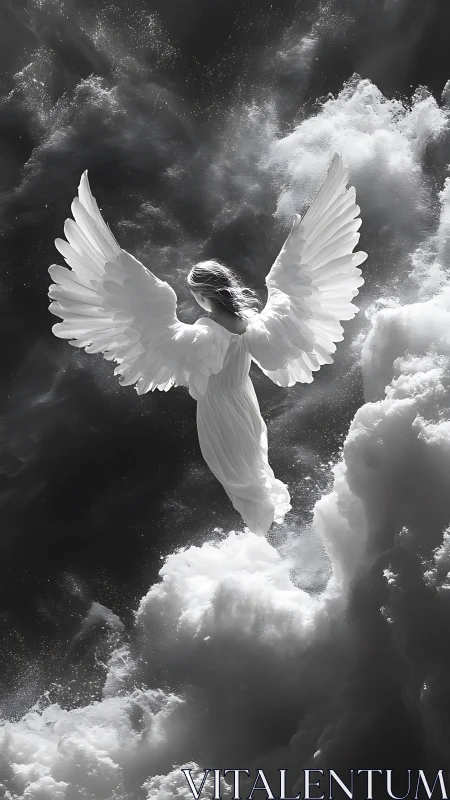 Winged figure in monochrome cloud and light environment