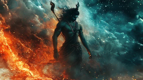 Mythic warrior figure in fiery and smoky cosmic landscape.