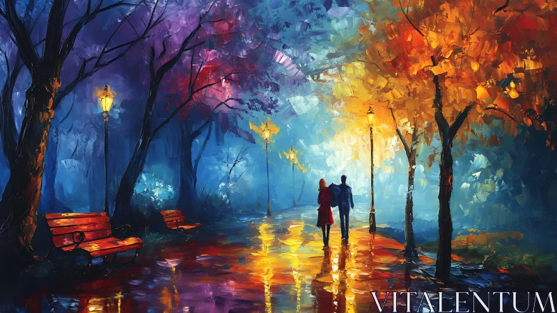 Evening park pathway shows two figures under vivid tree light