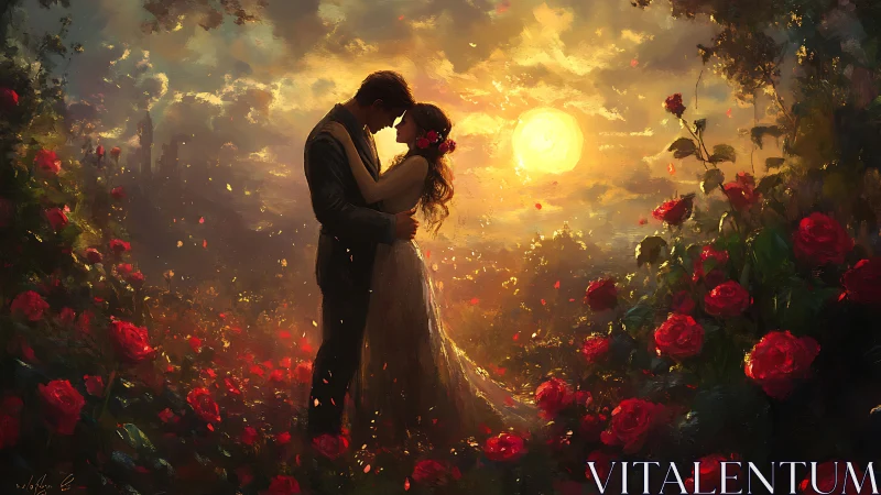 Couple Embracing in Golden Rose Garden at Sunset.