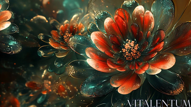 Fractal glass flowers glow with luminous teal and ember petals.