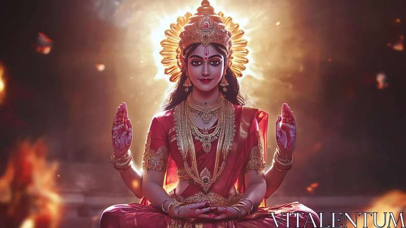 Radiant Hindu goddess in ornate red and gold divine glow.