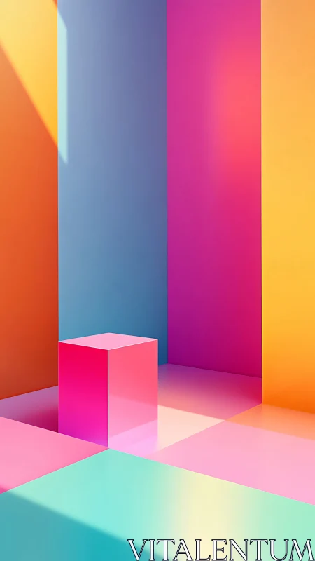 Geometric room with glossy neon gradient blocks and walls.
