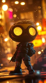 Goggled vinyl street hero surveys a neon soaked night alley