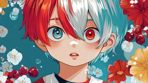 Bicolored haired anime child with heterochromia, floral field backdrop