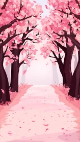 Pink blossom tree path in stylized spring forest scene.