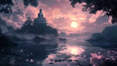 Buddha statue overlooks lotus lake under radiant sunset