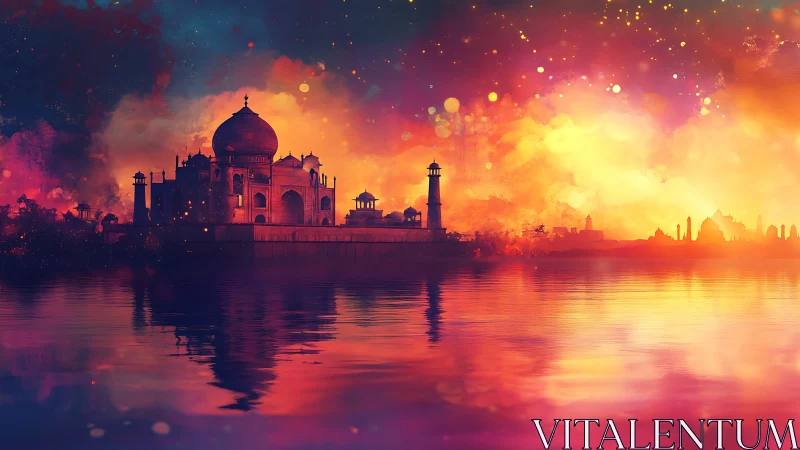 Spectral Taj Mahal skyline under chromatic nebula dusk reflection.