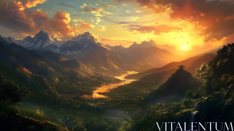 Radiant river valley beneath blazing alpine sunset sky.