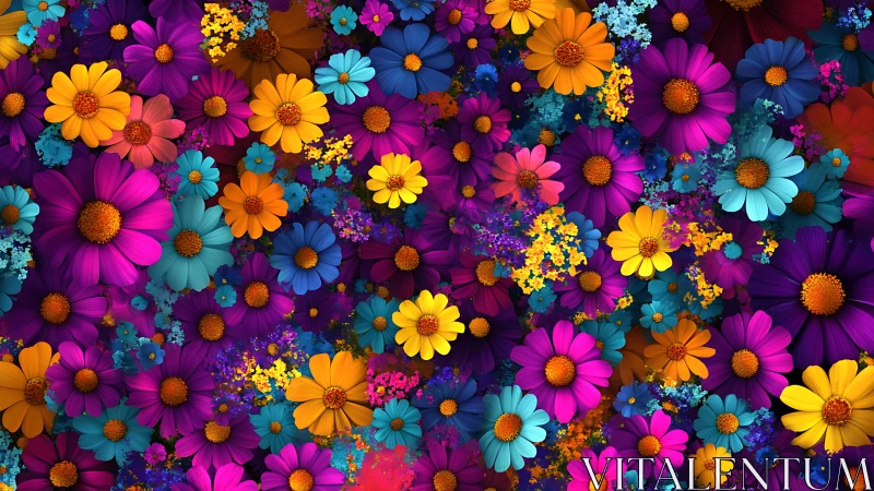 Vibrant Floral Explosion Digital Composition. Multicolored Blooms.