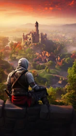 Hooded rogue surveys a sunlit castle from stone rampart.