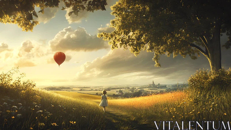 Golden-hour meadow vista with child and red balloon motif.