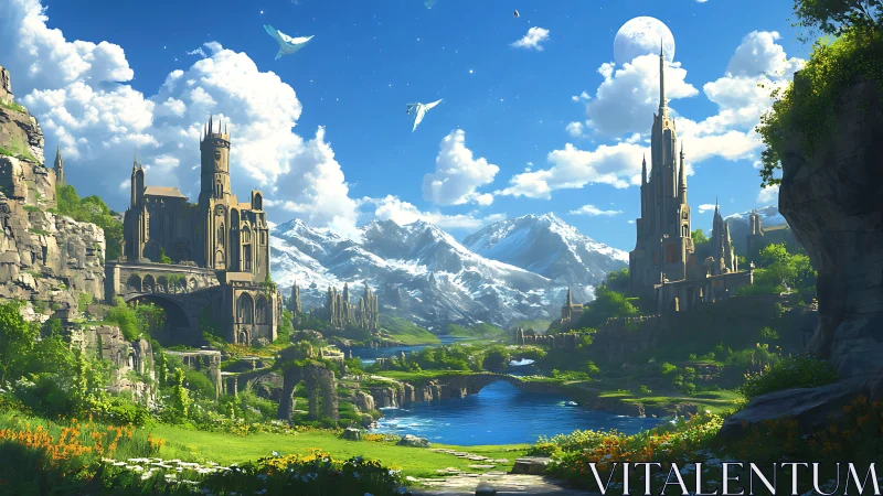 Sunlit fantasy kingdom beside a crystal blue mountain lake.