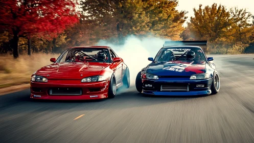 Photorealistic tandem drift with autumn motion blur dynamics.