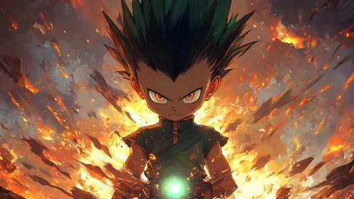 Fierce green‑haired warrior condenses fury into burning light