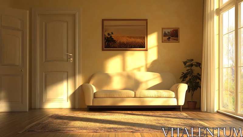 Sunlit interior sofa scene with directional warm global illumination
