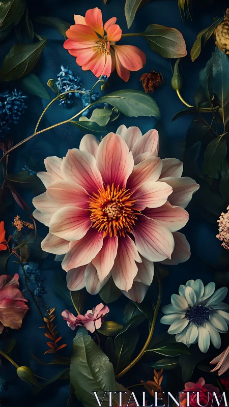 Layered Dahlia Composition with Warm Floral Tones Against Deep Teal Background